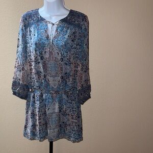 Joie Aidee Blue Paisley Printed Silk Chiffon Mini 3/4 Sleeve Dress Women's XS